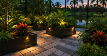 Landscaped planters with lighting at dusk.